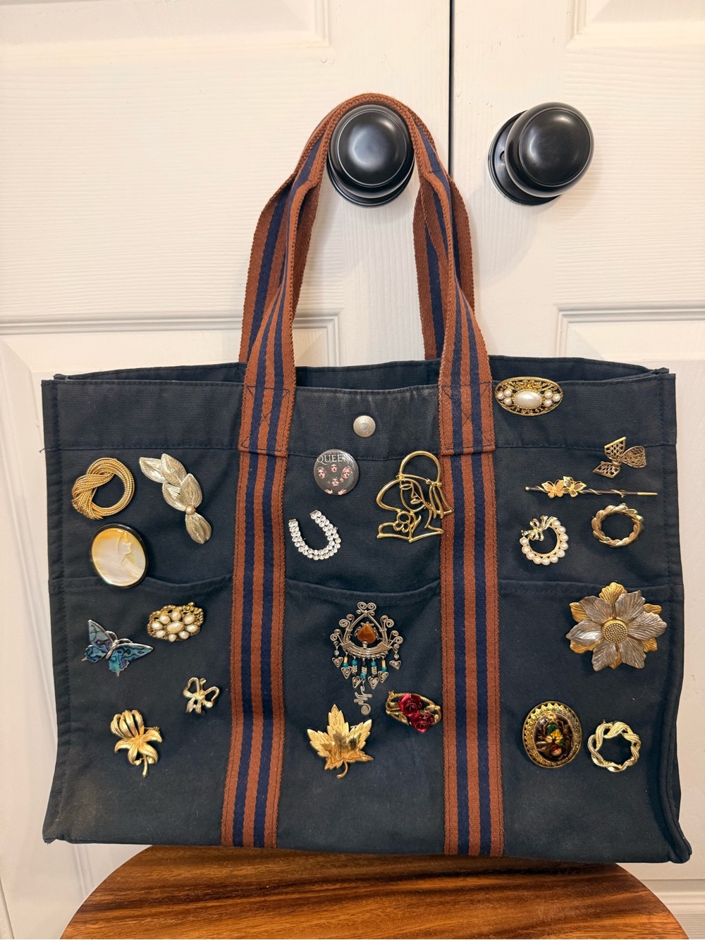 Hermes Black Tote with Brown Straps and Gold Accents